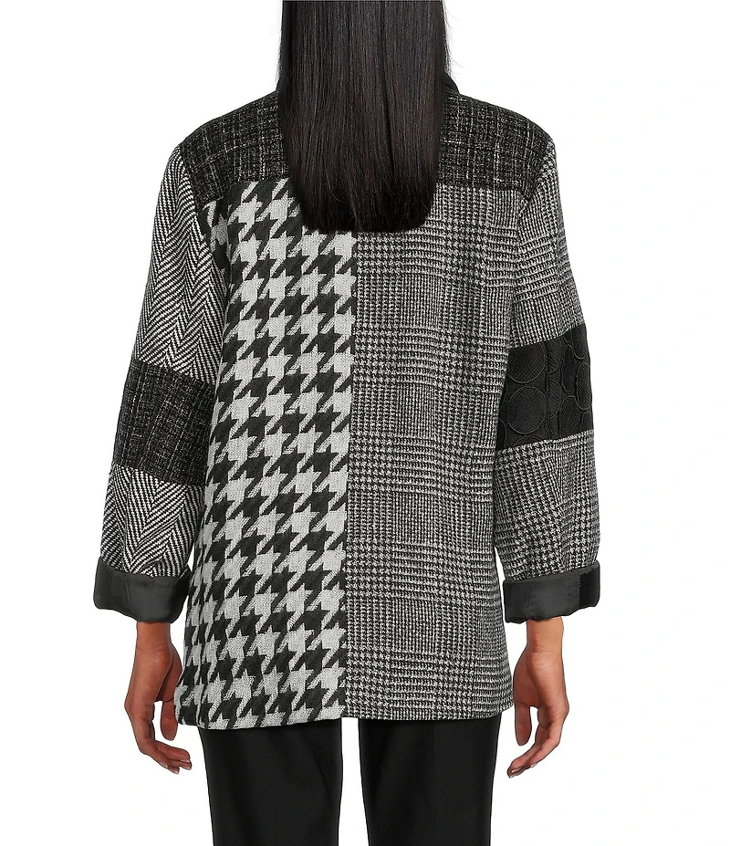 Ali Miles Multi Mixed Media Patchwork Houndstooth Shawl Collar Long Sleeve Button Front jacket