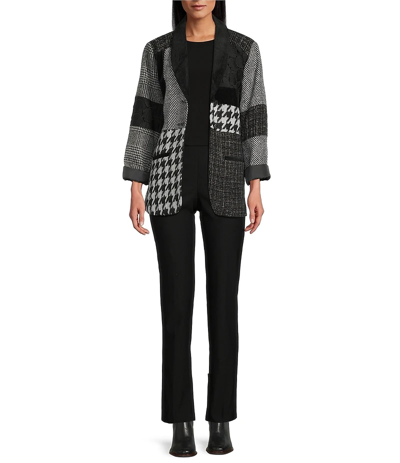 Ali Miles Multi Mixed Media Patchwork Houndstooth Shawl Collar Long Sleeve Button Front jacket
