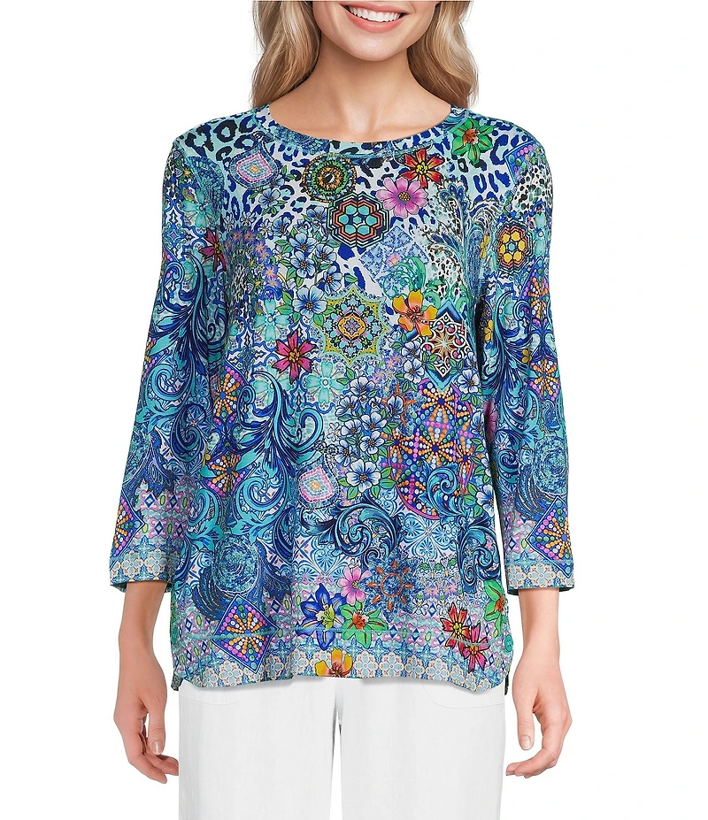 Ali Miles Multi Print Round Neck 3/4 Sleeve Tunic