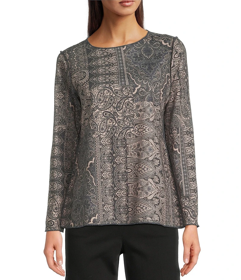 Ali Miles Muted Abstract Tile Print Scoop Neck Long Sleeve Reversible Tunic