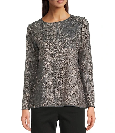 Ali Miles Muted Abstract Tile Print Scoop Neck Long Sleeve Reversible Tunic