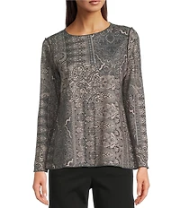 Ali Miles Muted Abstract Tile Print Scoop Neck Long Sleeve Reversible Tunic
