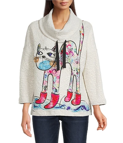 Ali Miles Novelty Animal Cat Print Quilted Knit Popover Tunic