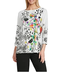 Ali Miles Novelty Doodle Dog Round Neck 3/4 Sleeve Knit Tunic