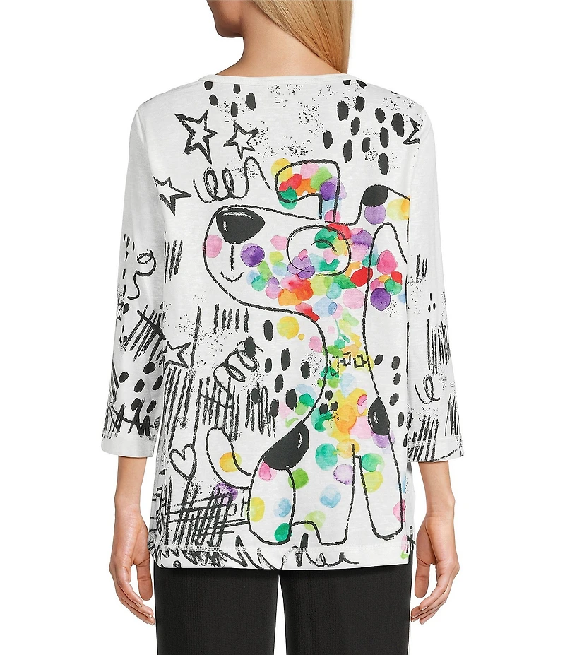 Ali Miles Novelty Doodle Dog Round Neck 3/4 Sleeve Knit Tunic