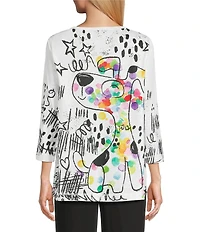 Ali Miles Novelty Doodle Dog Round Neck 3/4 Sleeve Knit Tunic