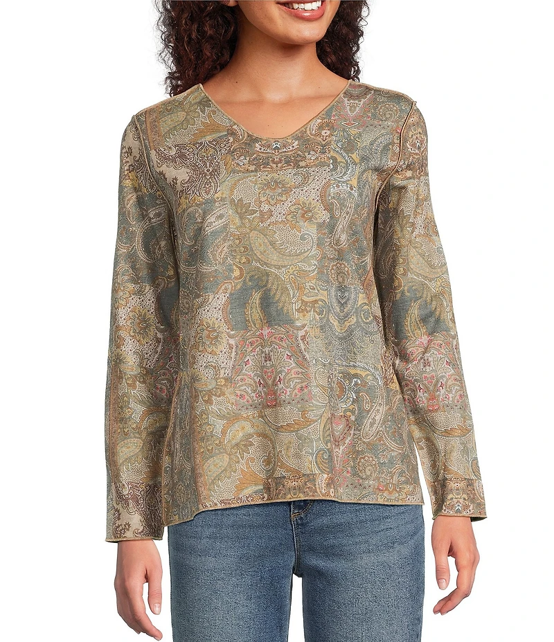 Ali Miles Ornate Paisley Foliage Motif Letter Print Scoop Neck Long Sleeve Reversable Tunic
