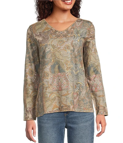 Ali Miles Ornate Paisley Foliage Motif Letter Print Scoop Neck Long Sleeve Reversable Tunic
