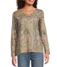 Ali Miles Ornate Paisley Foliage Motif Letter Print Scoop Neck Long Sleeve Reversable Tunic