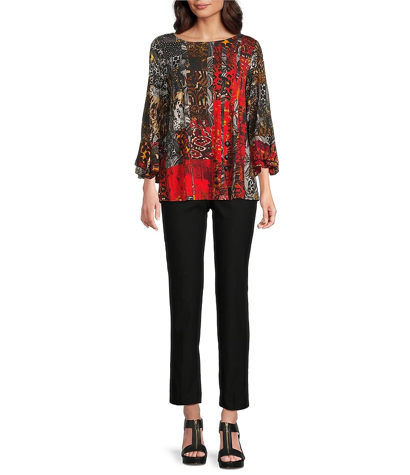 Ali Miles Paisley Animal Floral Print Round Neck 3/4 Ruffle Sleeve Tunic