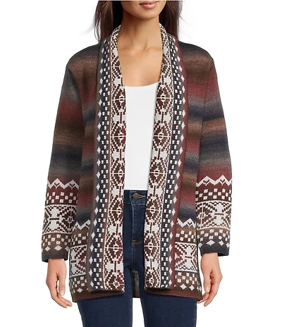 Ali Miles Petite Size Abstract Border Print 3/4 Sleeve Open-Front Cardigan