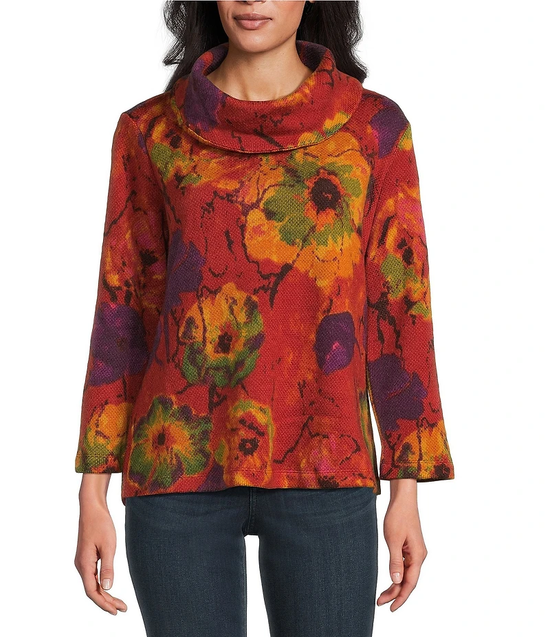 Ali Miles Petite Size Abstract Floral Cowl Neck 3/4 Sleeve Textured Knit Tunic