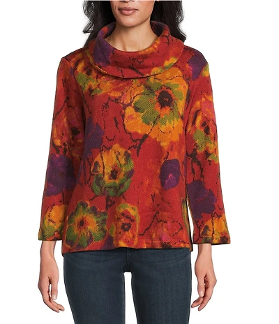 Ali Miles Petite Size Abstract Floral Cowl Neck 3/4 Sleeve Textured Knit Tunic