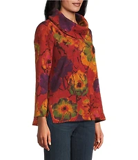 Ali Miles Petite Size Abstract Floral Cowl Neck 3/4 Sleeve Textured Knit Tunic