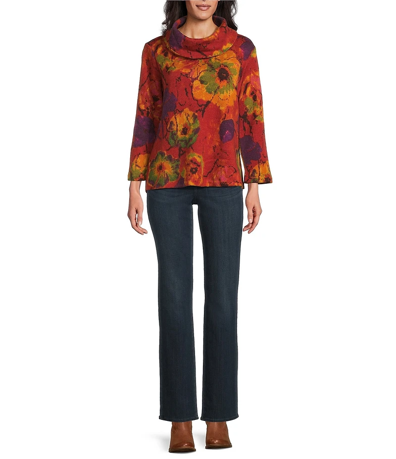 Ali Miles Petite Size Abstract Floral Cowl Neck 3/4 Sleeve Textured Knit Tunic