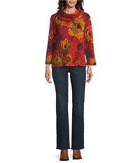 Ali Miles Petite Size Abstract Floral Cowl Neck 3/4 Sleeve Textured Knit Tunic