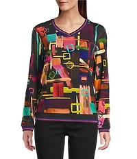 Ali Miles Petite Size Abstract Multi Stroke Knit V-Neck Long Sleeve Popover Top