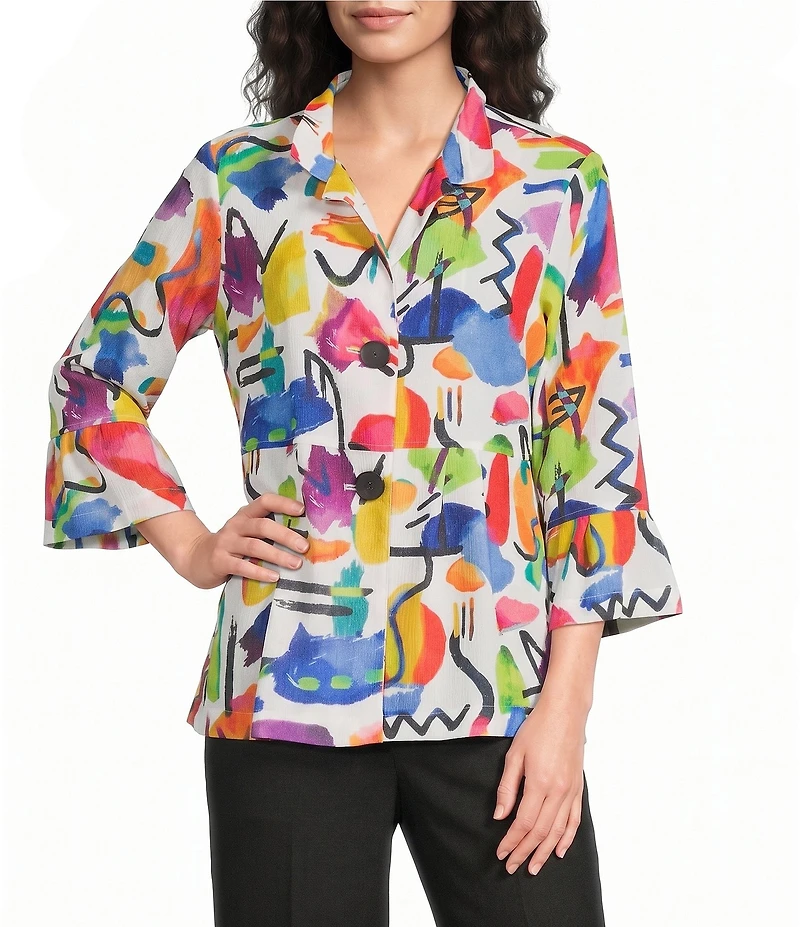 Ali Miles Petite Size Abstract Multi Wire Collar 3/4 Flounce Sleeve Button Front Jacket
