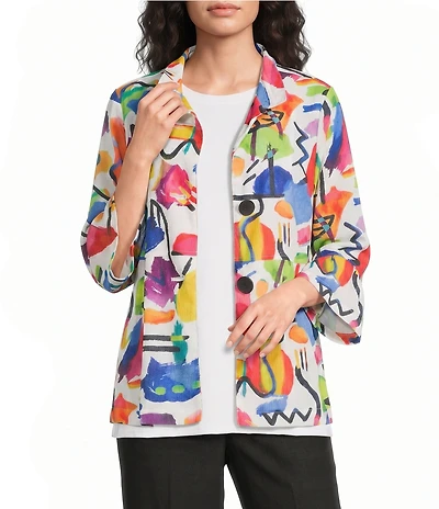 Ali Miles Petite Size Abstract Multi Wire Collar 3/4 Flounce Sleeve Button Front Jacket