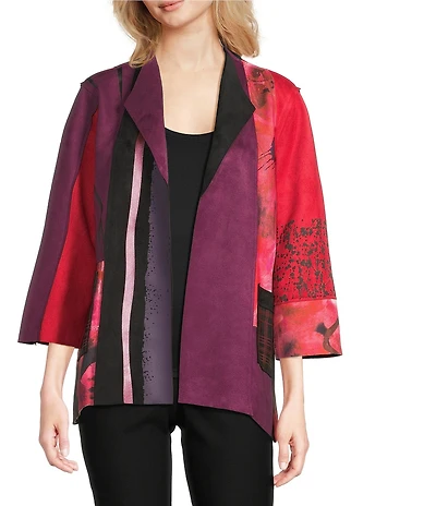 Ali Miles Petite Size Abstract Print Knit Lapel Collar 3/4 Sleeve Hi-Low Hem Jacket