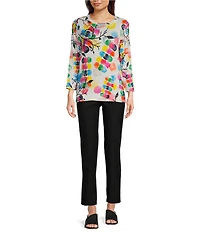 Ali Miles Petite Size Abstract Print Knit Round Neck 3/4 Sleeve Tunic