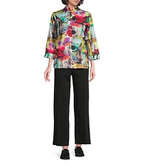 Ali Miles Petite Size Abstract Print Stand Collar 3/4 Sleeve Button Front Jacket