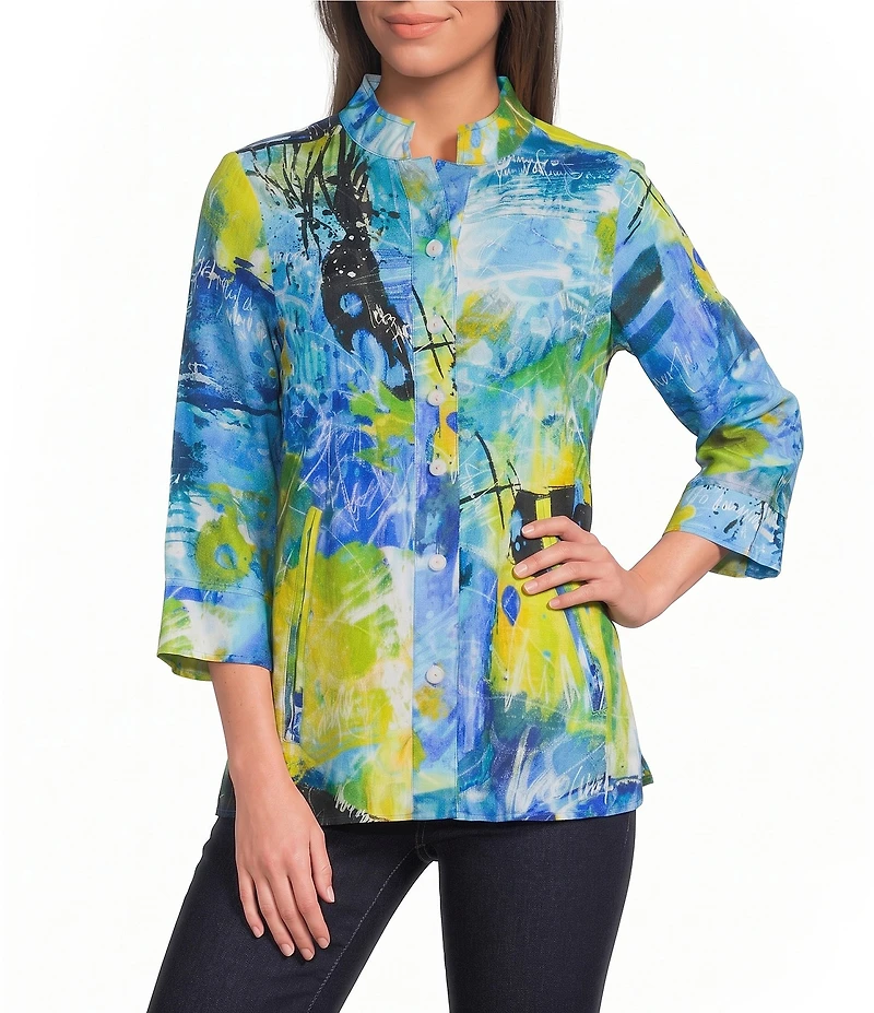 Ali Miles Petite Size Abstract Print Woven Embroidered Detail 3/4 Sleeve Button-Front Blouse