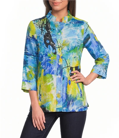 Ali Miles Petite Size Abstract Print Woven Embroidered Detail 3/4 Sleeve Button-Front Blouse