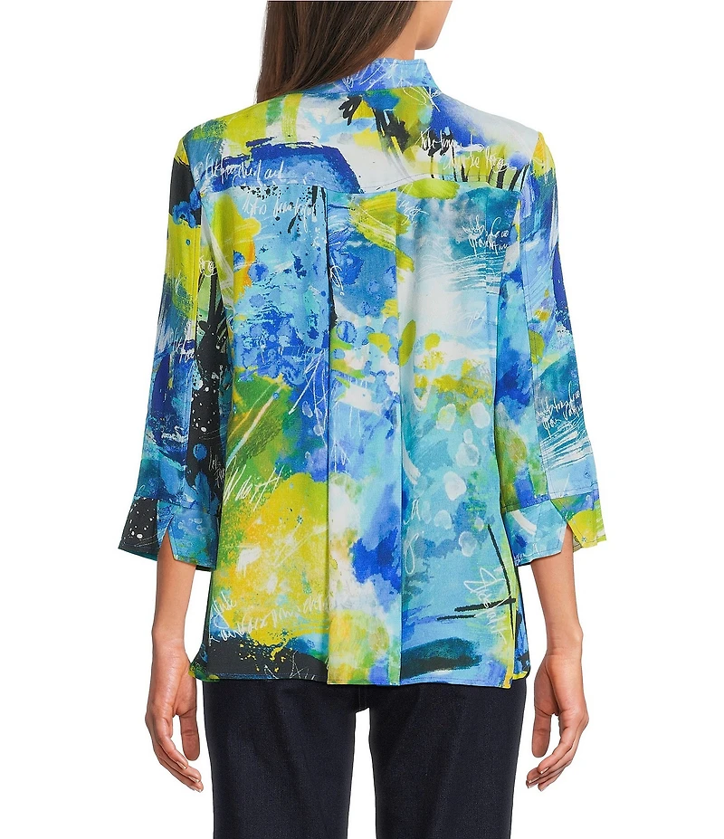 Ali Miles Petite Size Abstract Print Woven Embroidered Detail 3/4 Sleeve Button-Front Blouse