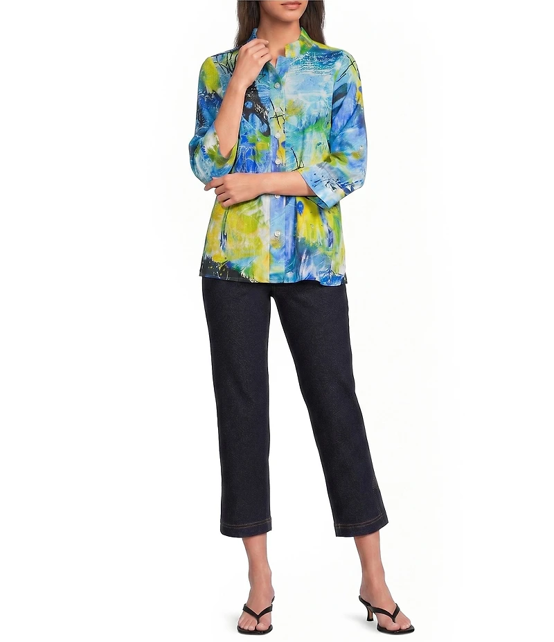 Ali Miles Petite Size Abstract Print Woven Embroidered Detail 3/4 Sleeve Button-Front Blouse