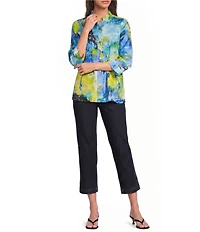 Ali Miles Petite Size Abstract Print Woven Embroidered Detail 3/4 Sleeve Button-Front Blouse