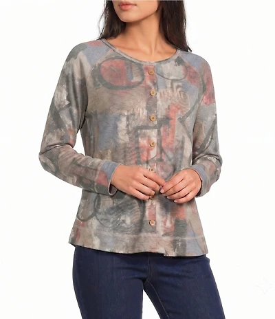 Ali Miles Petite Size Abstract Round Neck Long Sleeve Top