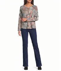 Ali Miles Petite Size Abstract Round Neck Long Sleeve Top