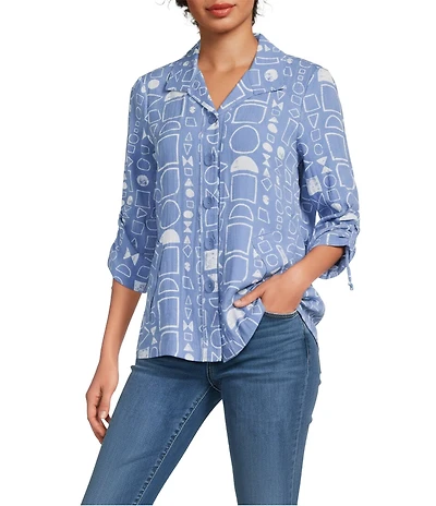 Ali Miles Petite Size All-Over Geo Print Point Collar 3/4 Cinched Sleeve Button Front Tunic