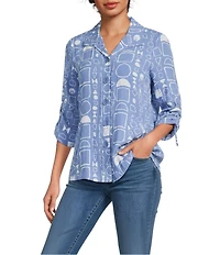 Ali Miles Petite Size All-Over Geo Print Point Collar 3/4 Cinched Sleeve Button Front Tunic