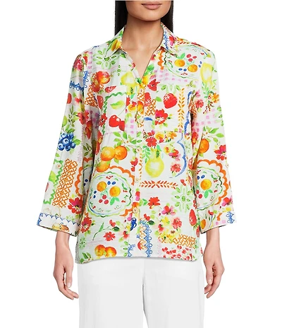 Ali Miles Petite Size Allover Multi Fruit Print Point Collar 3/4 Roll-Tab Sleeve Button-Front Shirt