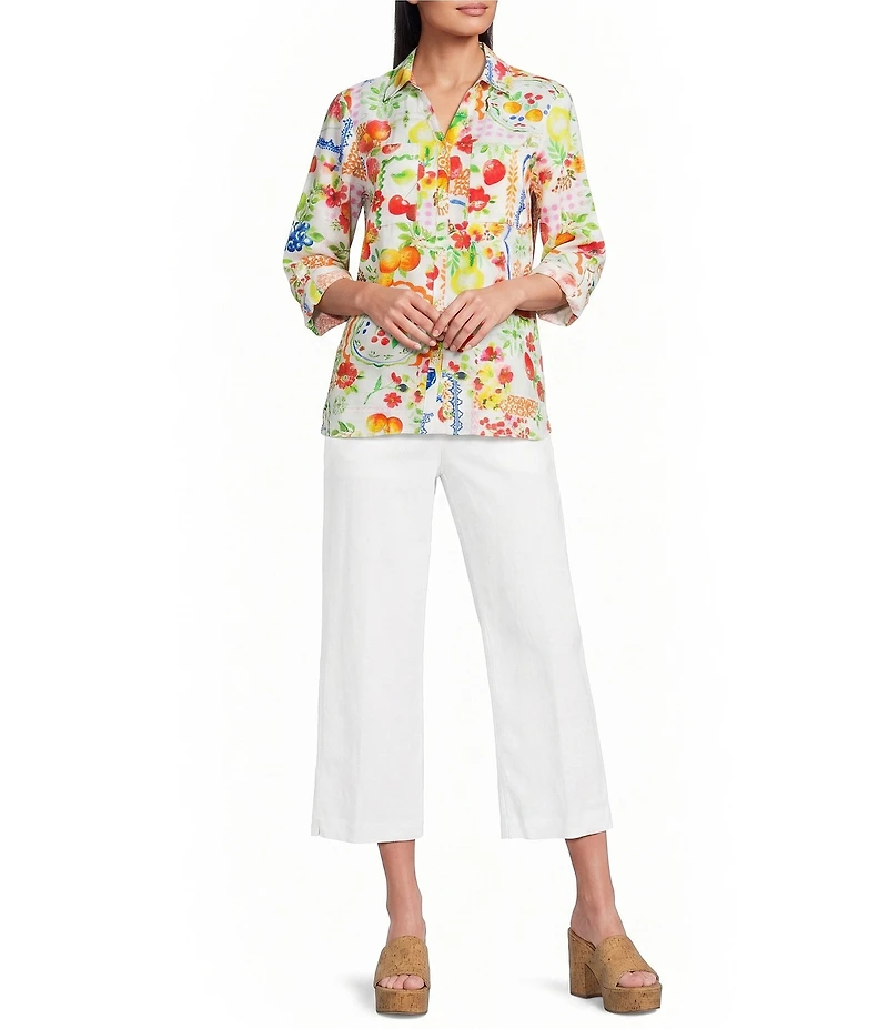 Ali Miles Petite Size Allover Multi Fruit Print Point Collar 3/4 Roll-Tab Sleeve Button-Front Shirt