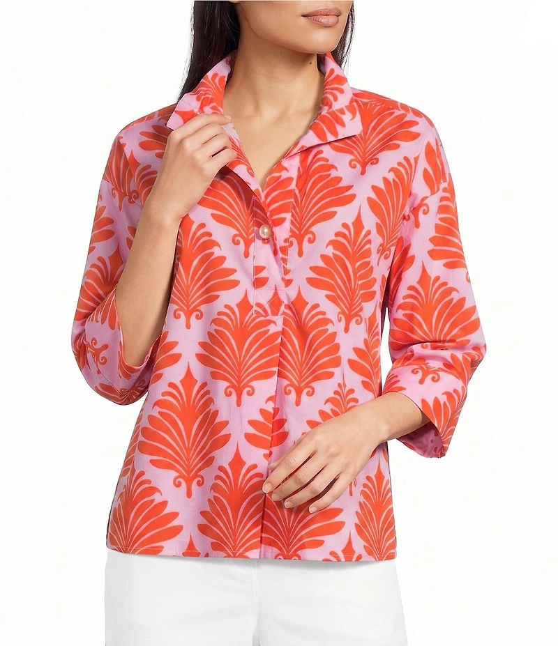 Ali Miles Petite Size Allover Palm Print Wire Collar 3/4 Cuff Sleeve Shirt
