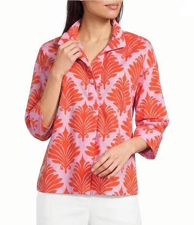 Ali Miles Petite Size Allover Palm Print Wire Collar 3/4 Cuff Sleeve Shirt