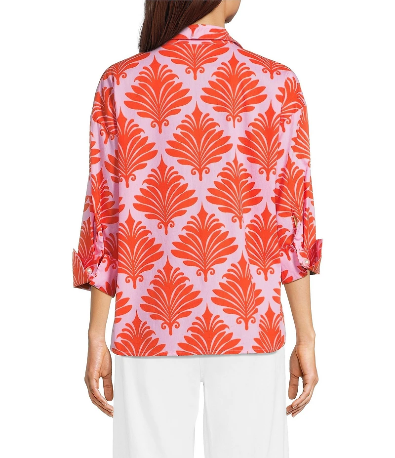Ali Miles Petite Size Allover Palm Print Wire Collar 3/4 Cuff Sleeve Shirt