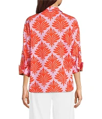 Ali Miles Petite Size Allover Palm Print Wire Collar 3/4 Cuff Sleeve Shirt