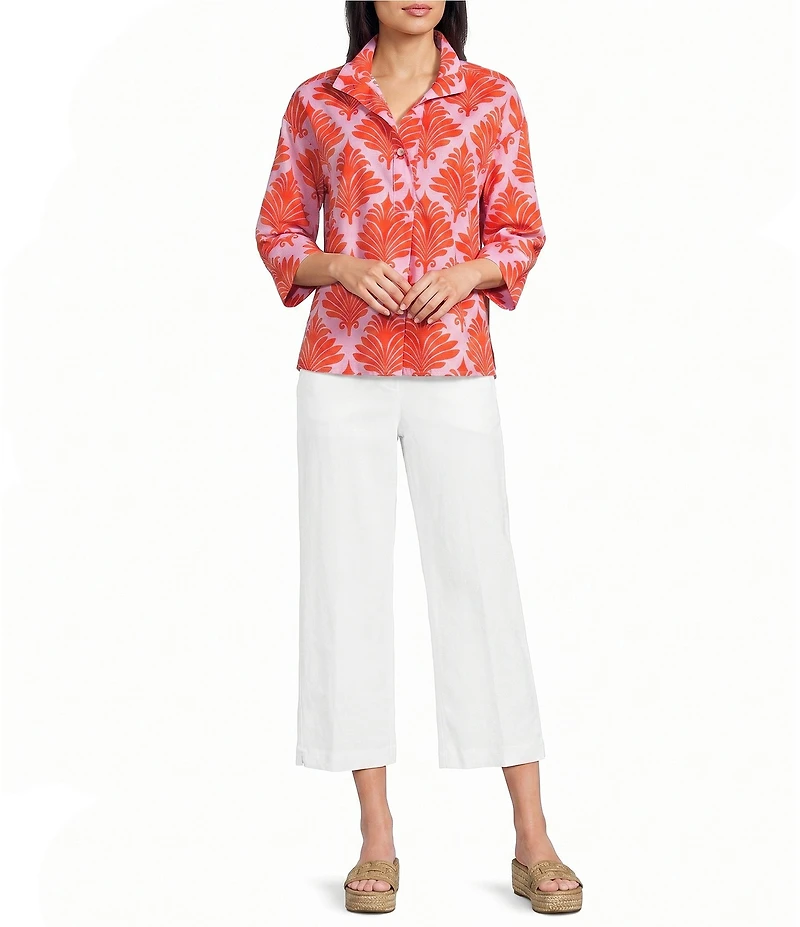 Ali Miles Petite Size Allover Palm Print Wire Collar 3/4 Cuff Sleeve Shirt