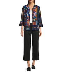 Ali Miles Petite Size Brushed Knit Abstract Print Wire Collar 3/4 Sleeve Button Front Jacket