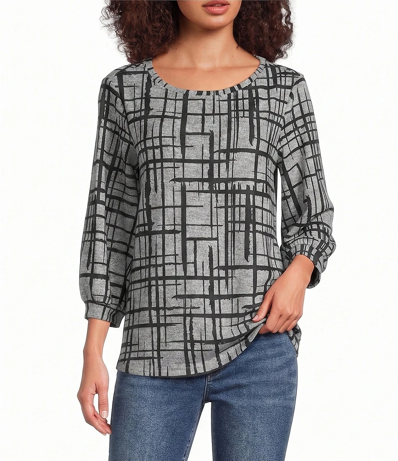 Ali Miles Petite Size Brushed Knit Geo Multi Plaid Round Neck 3/4 Sleeve Tunic