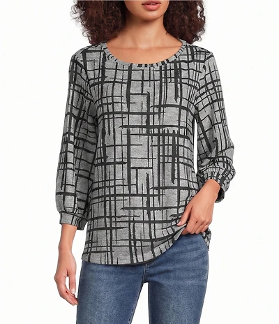 Ali Miles Petite Size Brushed Knit Geo Multi Plaid Round Neck 3/4 Sleeve Tunic