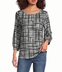 Ali Miles Petite Size Brushed Knit Geo Multi Plaid Round Neck 3/4 Sleeve Tunic