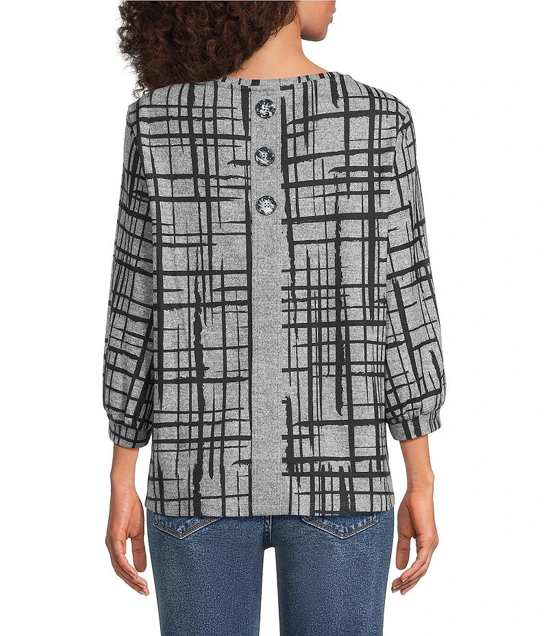 Ali Miles Petite Size Brushed Knit Geo Multi Plaid Round Neck 3/4 Sleeve Tunic