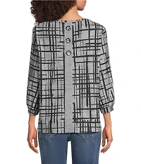 Ali Miles Petite Size Brushed Knit Geo Multi Plaid Round Neck 3/4 Sleeve Tunic