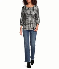 Ali Miles Petite Size Brushed Knit Geo Multi Plaid Round Neck 3/4 Sleeve Tunic