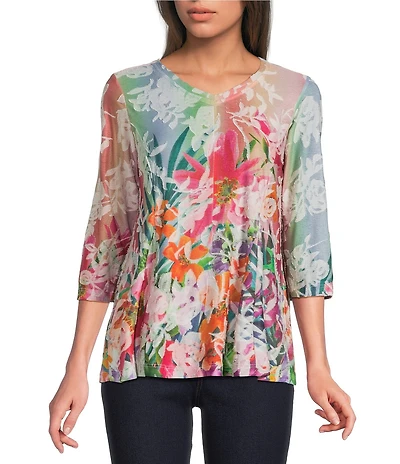 Ali Miles Petite Size Burnout Knit Tropical Print V-Neck 3/4 Sleeve Top